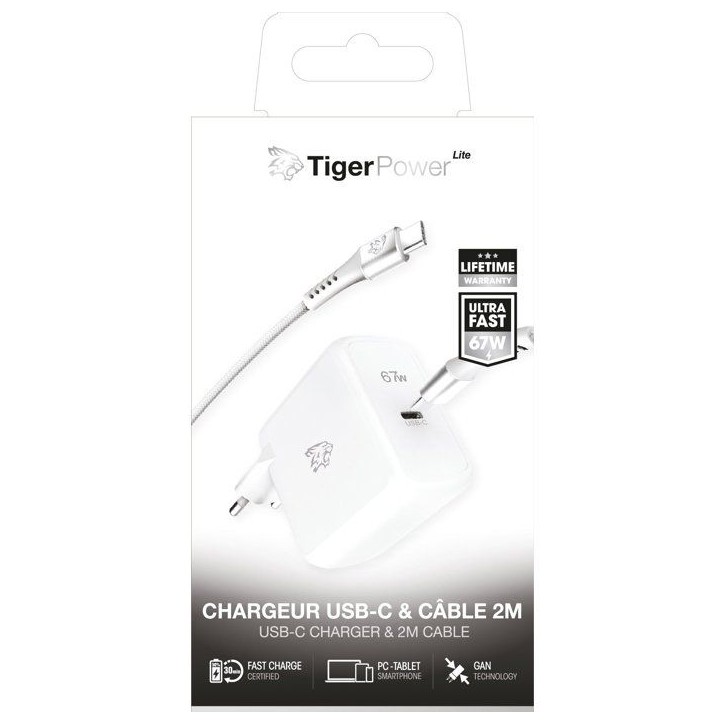 Chargeur secteur - TIGER POWER - LITE PACK - GaN 67W - Câble USB-C 2 m - Blanc Chargeur secteur - TIGER POWER - LITE PACK - GaN 67W - Câble USB-C 2 m - Blanc