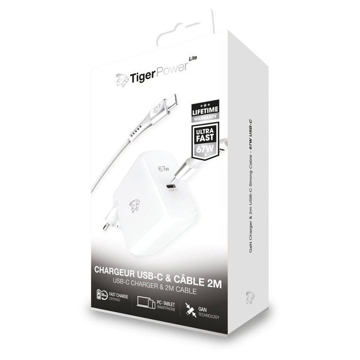 Chargeur secteur - TIGER POWER - LITE PACK - GaN 67W - Câble USB-C 2 m - Blanc Chargeur secteur - TIGER POWER - LITE PACK - GaN 67W - Câble USB-C 2 m - Blanc