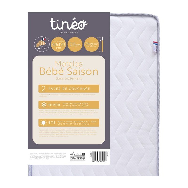 Matelas bébé saison - 60 x 120 cm - Ep. 11 cm - TINEO