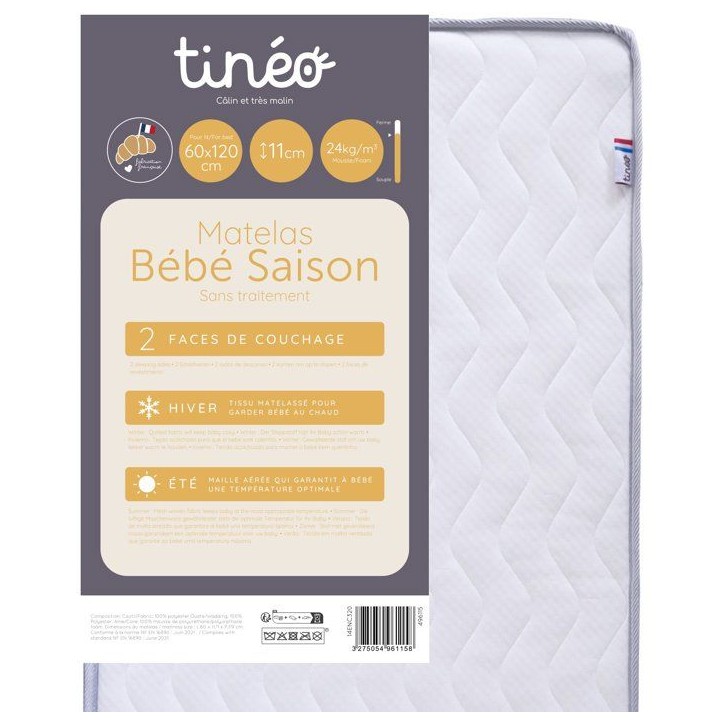 Matelas bébé saison - 60 x 120 cm - Ep. 11 cm - TINEO Matelas bébé saison - 60 x 120 cm - Ep. 11 cm - TINEO
