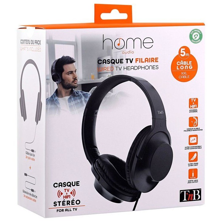 Casque TV Filaire - T'nB - Modele Noir - Jack 3,5mm - Sensibilité 124 dB - Câble 2m + Rallonge 3m Casque TV Filaire - T'nB - Modele Noir - Jack 3,5mm - Sensibilité 124 dB - Câble 2m + Rallonge 3m