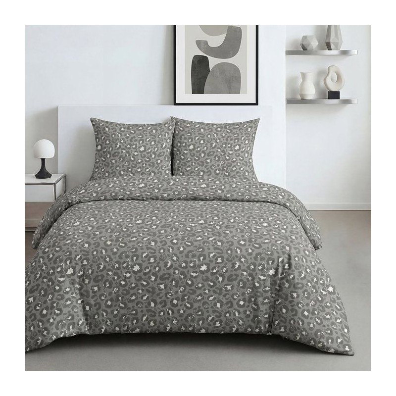 Parure de Lit - 260 x 240 cm - Coton Imprimé Léopard Gris Anthracite