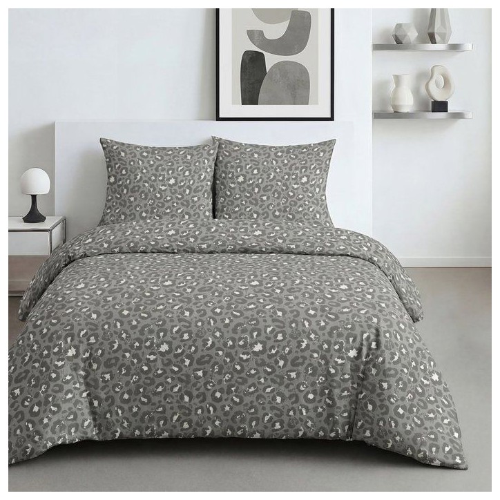 Parure de Lit - 260 x 240 cm - Coton Imprimé Léopard Gris Anthracite - TODAY SUNSHINE Parure de Lit - 260 x 240 cm - Coton Imprimé Léopard Gris Anthracite - TODAY SUNSHINE