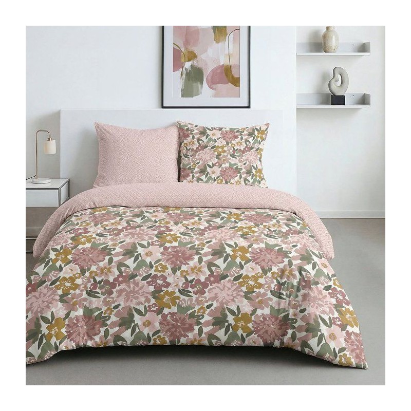 Parure de Lit - 240 x 220 cm - Coton Imprimé Floral Champetre Rose Po