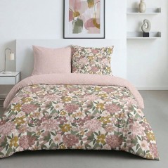 Parure de Lit - 260 x 240 cm - Coton Imprimé Floral Champetre Rose Po