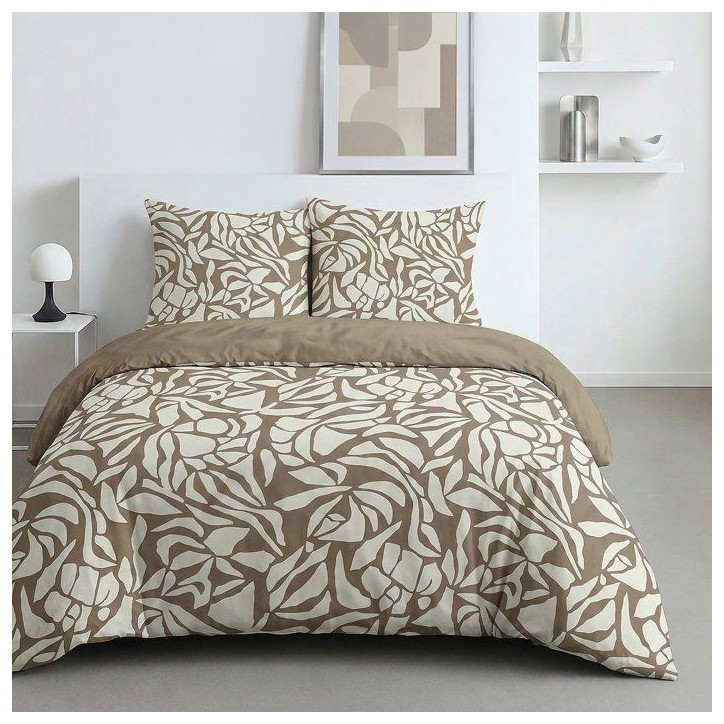 Parure de Lit - 260 x 240 cm - Coton Imprimé Feuillage Taupe - TODAY SUNSHINE Parure de Lit - 260 x 240 cm - Coton Imprimé Feuillage Taupe - TODAY SUNSHINE