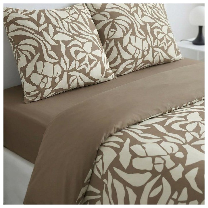 Parure de Lit - 260 x 240 cm - Coton Imprimé Feuillage Taupe - TODAY SUNSHINE Parure de Lit - 260 x 240 cm - Coton Imprimé Feuillage Taupe - TODAY SUNSHINE