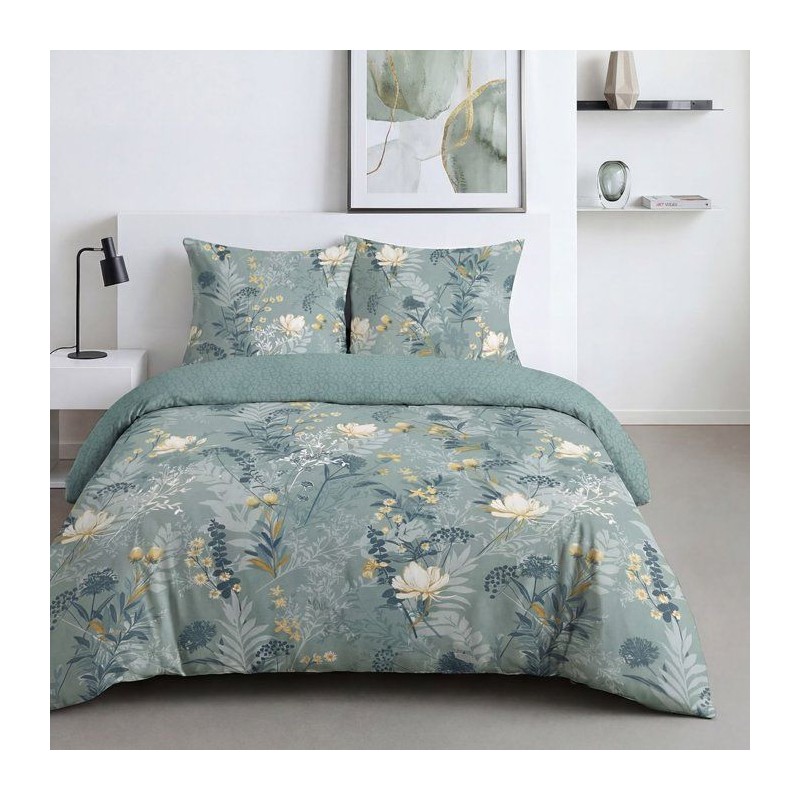 Parure de Lit - 240 x 220 cm - Coton Imprimé Motif Floral Bleu - TODA