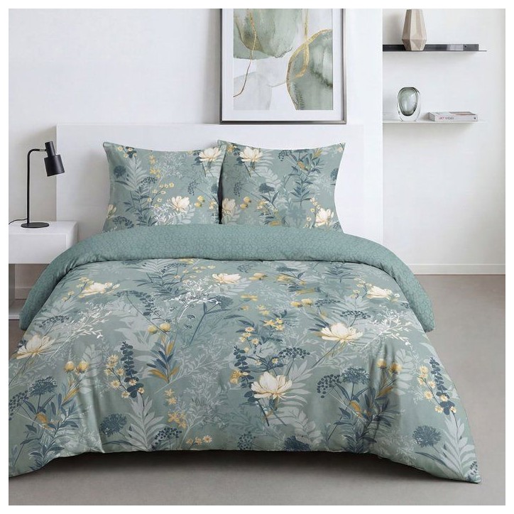 Parure de Lit - 260 x 240 cm - Coton Imprimé Motif Floral Bleu - TODAY SUNSHINE Parure de Lit - 260 x 240 cm - Coton Imprimé Motif Floral Bleu - TODAY SUNSHINE