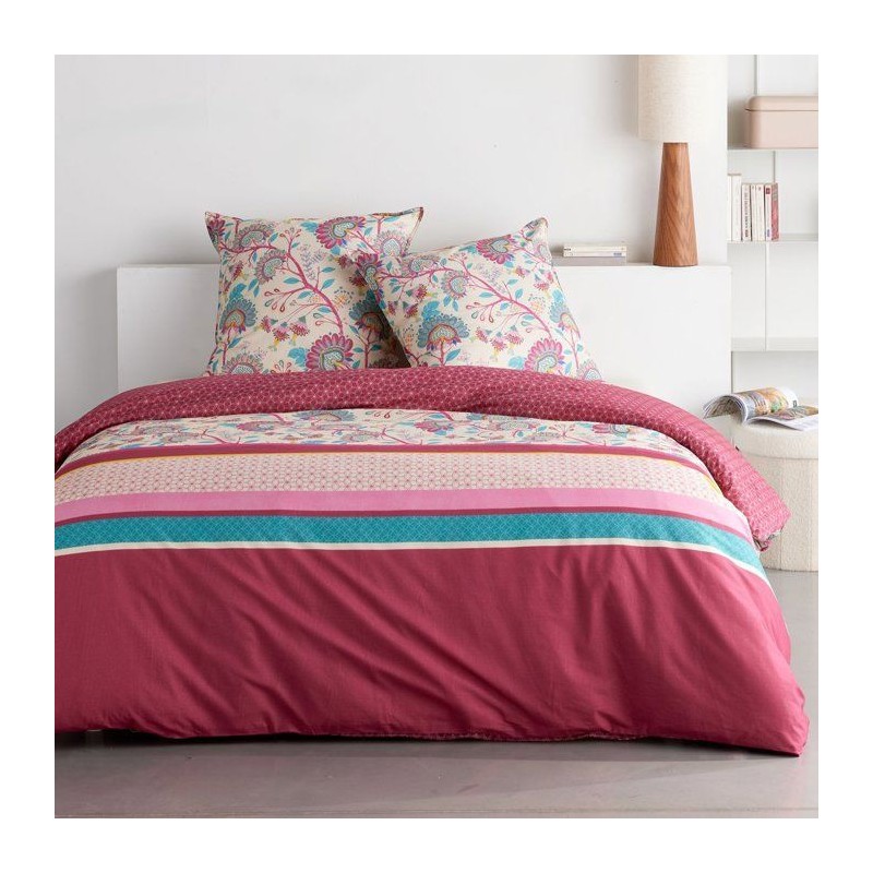 Parure de Lit - 140 x 200 cm - Coton Imprimé Floral Rouge Bordeaux