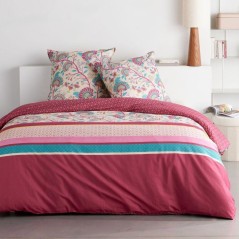 Parure de Lit - 240 x 220 cm - Coton Imprimé Floral Rouge Bordeaux -
