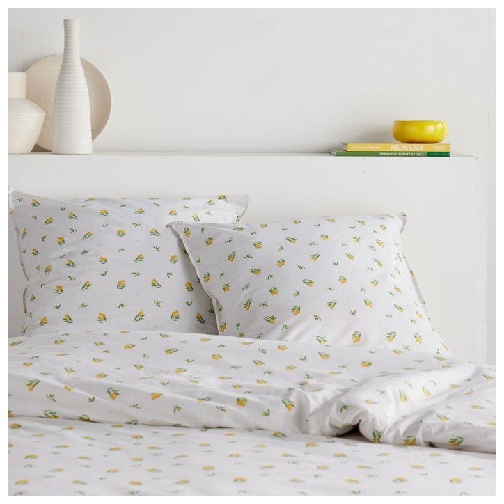 Parure de Lit - 140 x 200 cm - Coton Imprimé Floral Blanc avec Motif Citron - TODAY SUNSHINE Parure de Lit - 140 x 200 cm - Coton Imprimé Floral Blanc avec Motif Citron - TODAY SUNSHINE