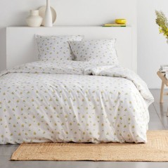 Parure de Lit - 240 x 220 cm - Coton Imprimé Floral Blanc avec Motif