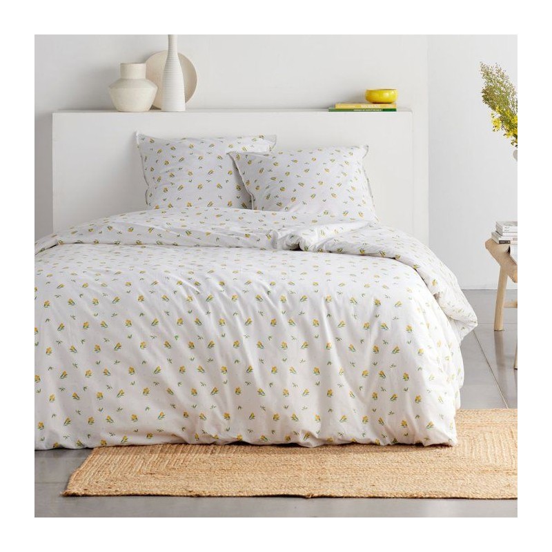 Parure de Lit - 240 x 220 cm - Coton Imprimé Floral Blanc avec Motif