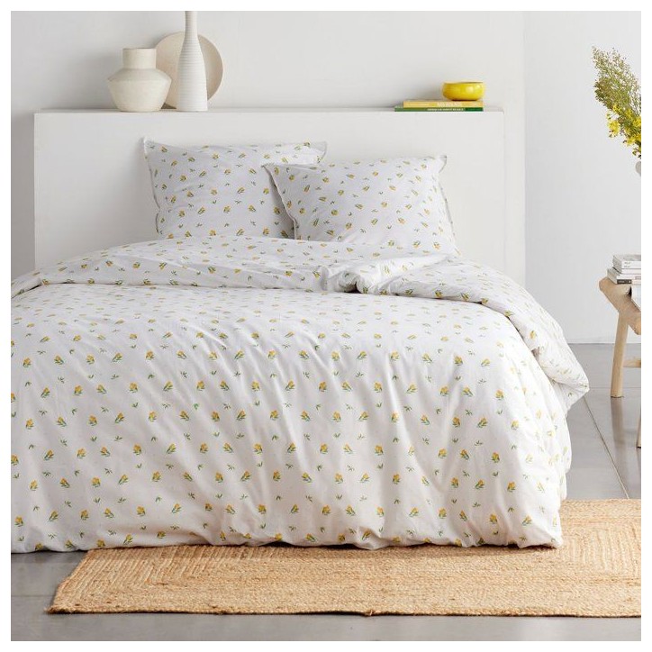 Parure de Lit - 240 x 220 cm - Coton Imprimé Floral Blanc avec Motif Citron - TODAY SUNSHINE Parure de Lit - 240 x 220 cm - Coton Imprimé Floral Blanc avec Motif Citron - TODAY SUNSHINE