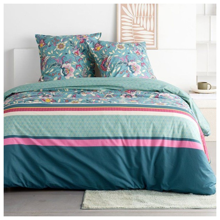 Parure de Lit - 140 x 200 cm - Coton Imprimé Floral Bleu - TODAY SUNSHINE
