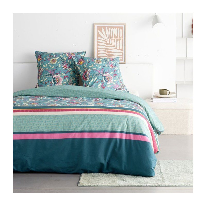 Parure de Lit - 240 x 220 cm - Coton Imprimé Floral Bleu - TODAY SUNS
