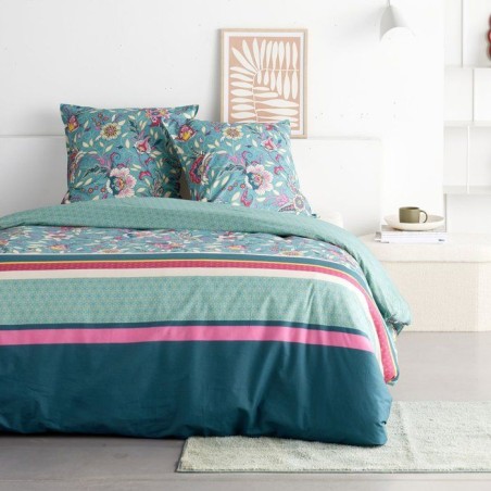 Parure de Lit - 240 x 220 cm - Coton Imprimé Floral Bleu - TODAY SUNS