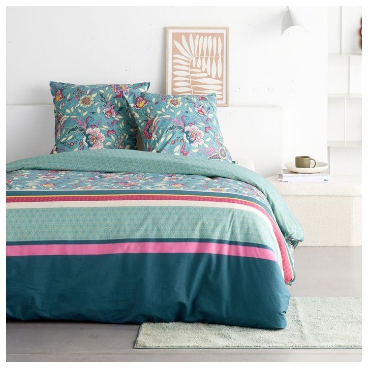 Parure de Lit - 240 x 220 cm - Coton Imprimé Floral Bleu - TODAY SUNSHINE