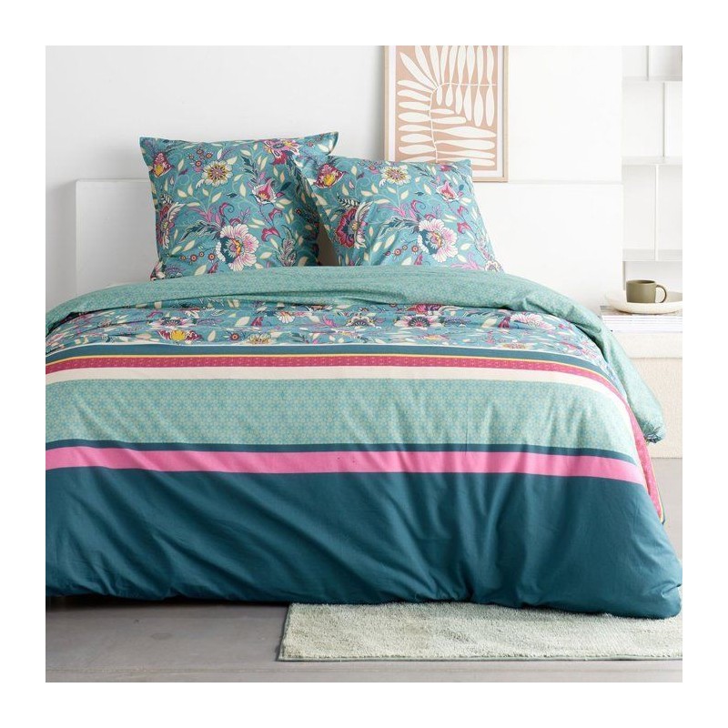 Parure de Lit - 260 x 240 cm - Coton Imprimé Floral Bleu - TODAY SUNS
