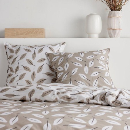Parure de Lit - 140 x 200 cm - Coton Imprimé Floral Beige avec Motif Feuille - TODAY SUNSHINE