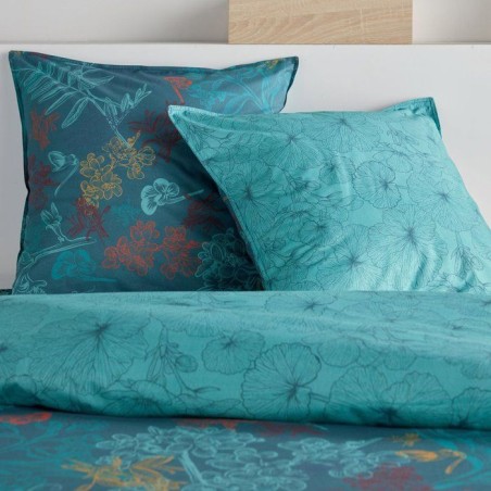Parure de Lit - 140 x 200 cm - Coton Imprimé Feuillage Exotique Bleu Canard - TODAY SUNSHINE