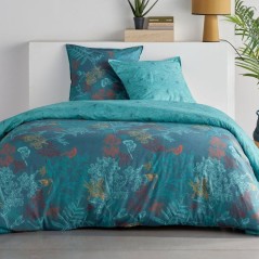 Parure de Lit - 240 x 220 cm - Coton Imprimé Feuillage Exotique Bleu