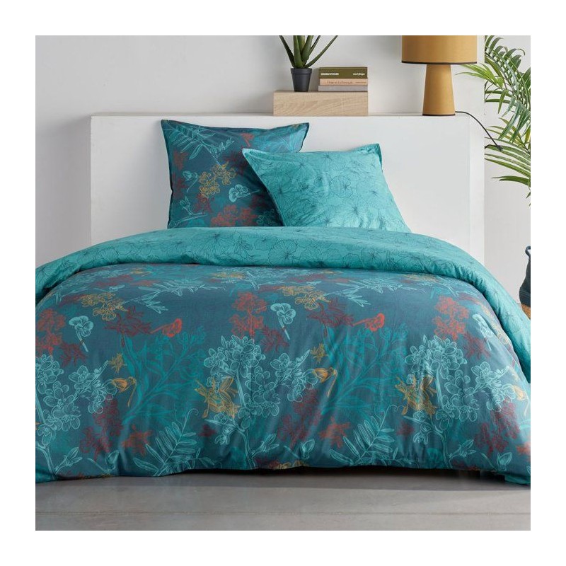 Parure de Lit - 240 x 220 cm - Coton Imprimé Feuillage Exotique Bleu