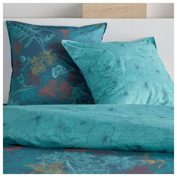 Parure de Lit - 240 x 220 cm - Coton Imprimé Feuillage Exotique Bleu Canard - TODAY SUNSHINE