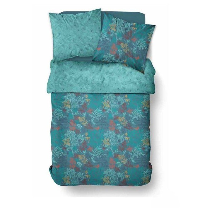 Parure de Lit - 240 x 220 cm - Coton Imprimé Feuillage Exotique Bleu Canard - TODAY SUNSHINE