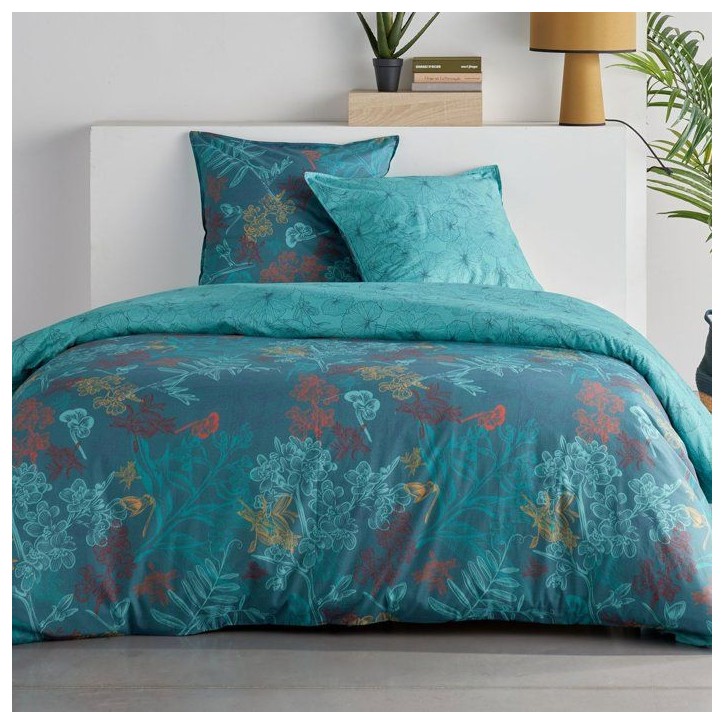 Parure de Lit - 260 x 240 cm - Coton Imprimé Feuillage Exotique Bleu Canard - TODAY SUNSHINE