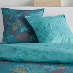 Parure de Lit - 260 x 240 cm - Coton Imprimé Feuillage Exotique Bleu Canard - TODAY SUNSHINE