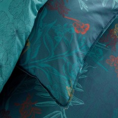 Parure de Lit - 260 x 240 cm - Coton Imprimé Feuillage Exotique Bleu