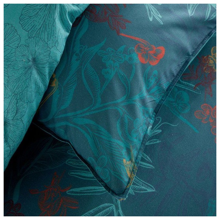 Parure de Lit - 260 x 240 cm - Coton Imprimé Feuillage Exotique Bleu Canard - TODAY SUNSHINE