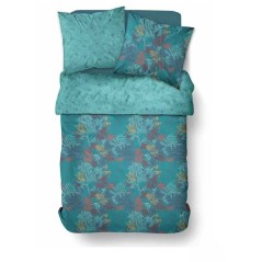 Parure de Lit - 260 x 240 cm - Coton Imprimé Feuillage Exotique Bleu