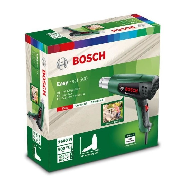 Décapeur thermique Bosch - EasyHeat 500 (1600W, débit d'air: 240 / 450 l/min, température: 300/500°C) Décapeur thermique Bosch - EasyHeat 500 (1600W, débit d'air: 240 / 450 l/min, température: 300/500°C)