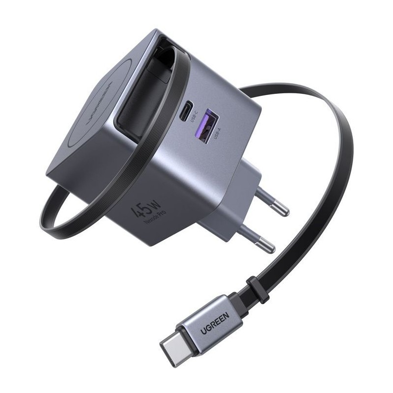 Chargeur secteur - UGREEN - 45W - USB-A et USB-C - Rétractable - Noir