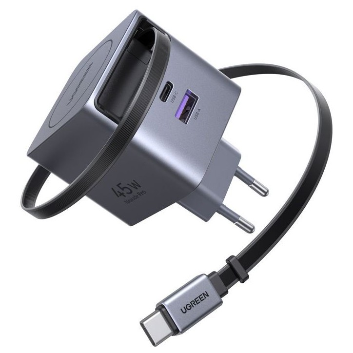 Chargeur secteur - UGREEN - 45W - USB-A et USB-C - Rétractable - Noir