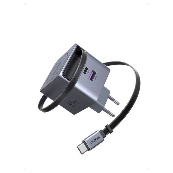 Chargeur secteur - UGREEN - 45W - USB-A et USB-C - Rétractable - Noir