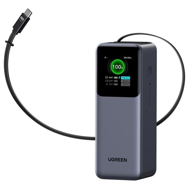 Batterie externe - UGREEN - 165W - USB-A et USB-C - Rétractable - Noir