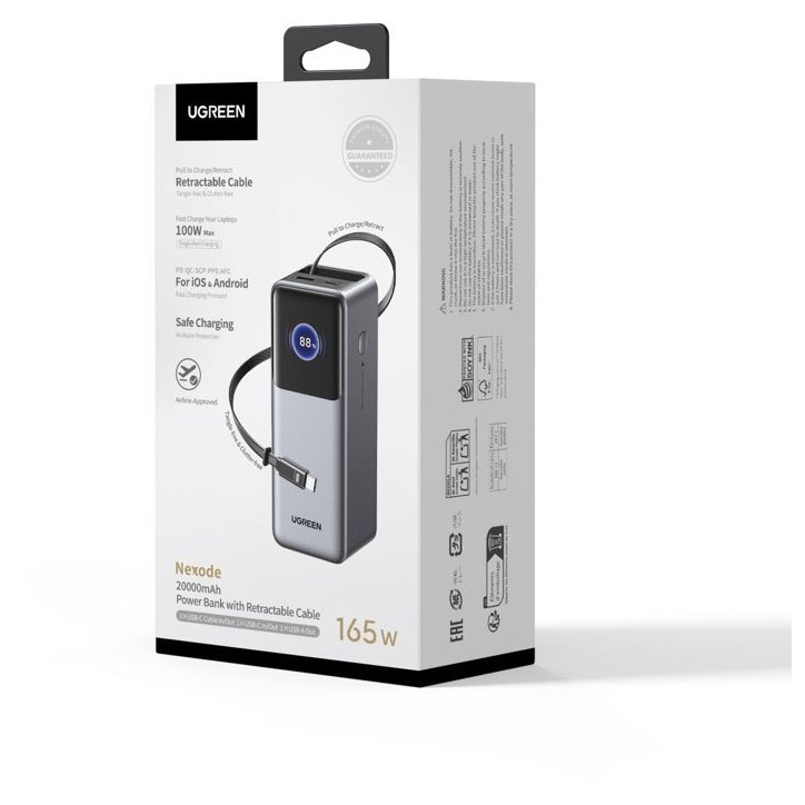 Batterie externe - UGREEN - 165W - USB-A et USB-C - Rétractable - Noir