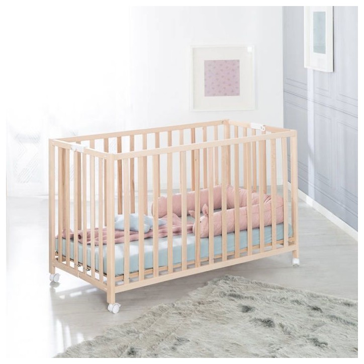 Lit bébé pliant - 60 x 120 cm - ROBA - FOLD UP - Roulettes - Bois naturel