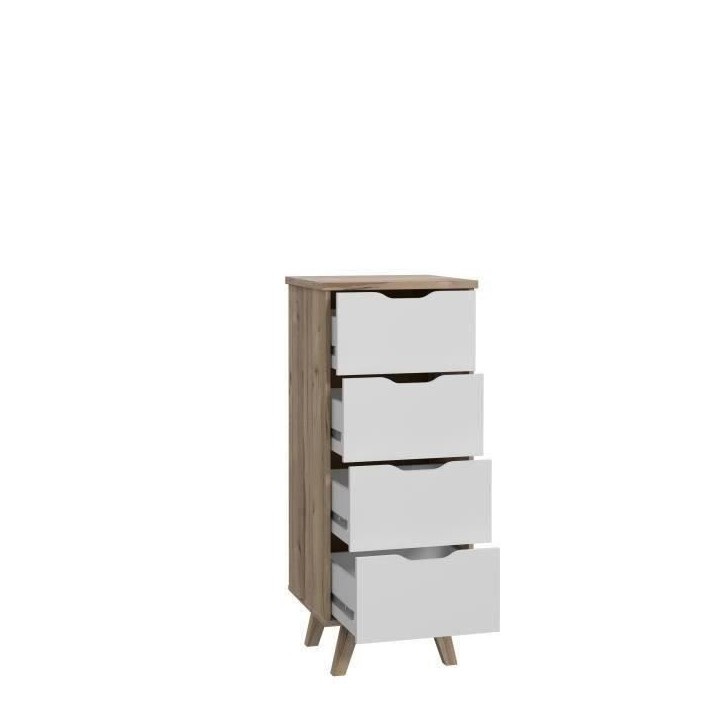 Chiffonnier VANKKA 4 Tiroirs - Décor chene et blanc - Style scandinave - L 45 x P 42 x H 108 cm