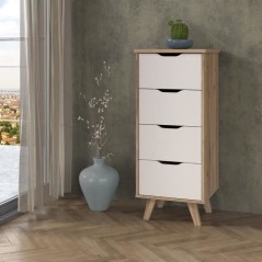 Chiffonnier VANKKA 4 Tiroirs - Décor chene et blanc - Style scandinave - L 45 x P 42 x H 108 cm