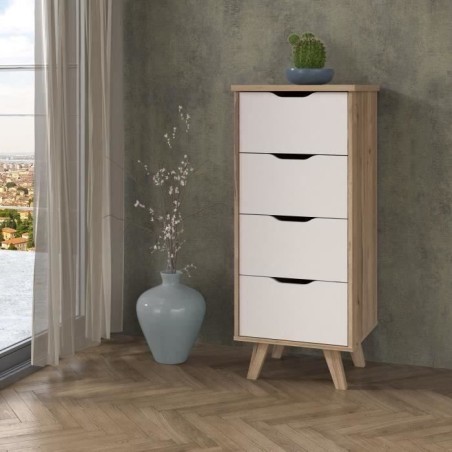 Chiffonnier VANKKA 4 Tiroirs - Décor chene et blanc - Style scandinave - L 45 x P 42 x H 108 cm