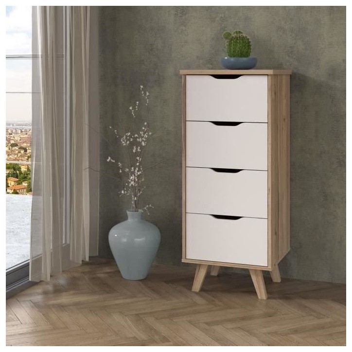 Chiffonnier VANKKA 4 Tiroirs - Décor chene et blanc - Style scandinave - L 45 x P 42 x H 108 cm