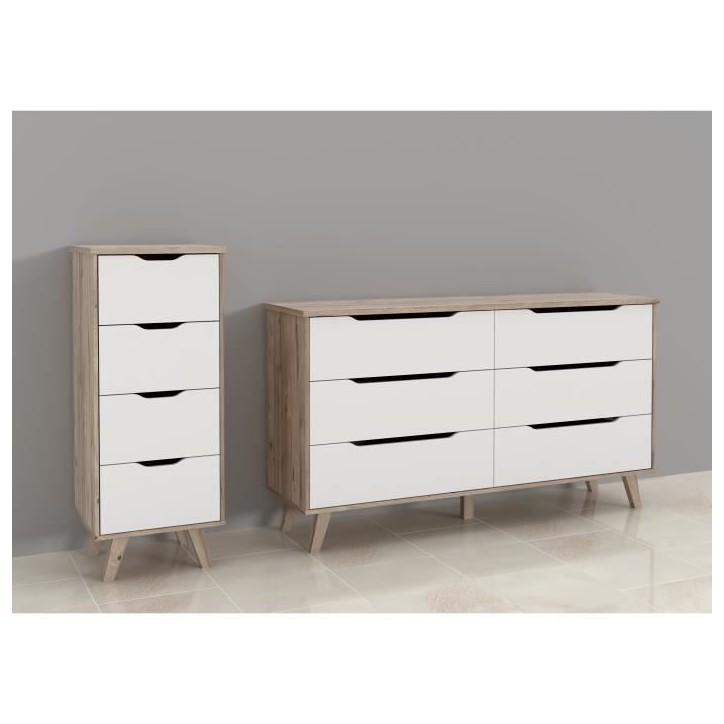 Chiffonnier VANKKA 4 Tiroirs - Décor chene et blanc - Style scandinave - L 45 x P 42 x H 108 cm