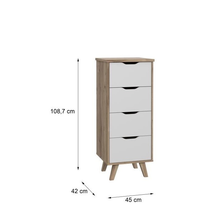 Chiffonnier VANKKA 4 Tiroirs - Décor chene et blanc - Style scandinave - L 45 x P 42 x H 108 cm