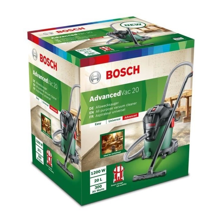 Aspirateur eau et poussiere Bosch - AdvancedVac 20 (avec accessoires) - 1200 W - 260 mbar/70 l/s - 20 L Aspirateur eau et poussiere Bosch - AdvancedVac 20 (avec accessoires) - 1200 W - 260 mbar/70 l/s - 20 L