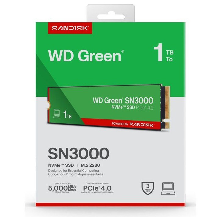 WESTERN DIGITAL - WDS100T4G0E - SSD Interne - Green - SN3000 - NVMe - 1 To WESTERN DIGITAL - WDS100T4G0E - SSD Interne - Green - SN3000 - NVMe - 1 To